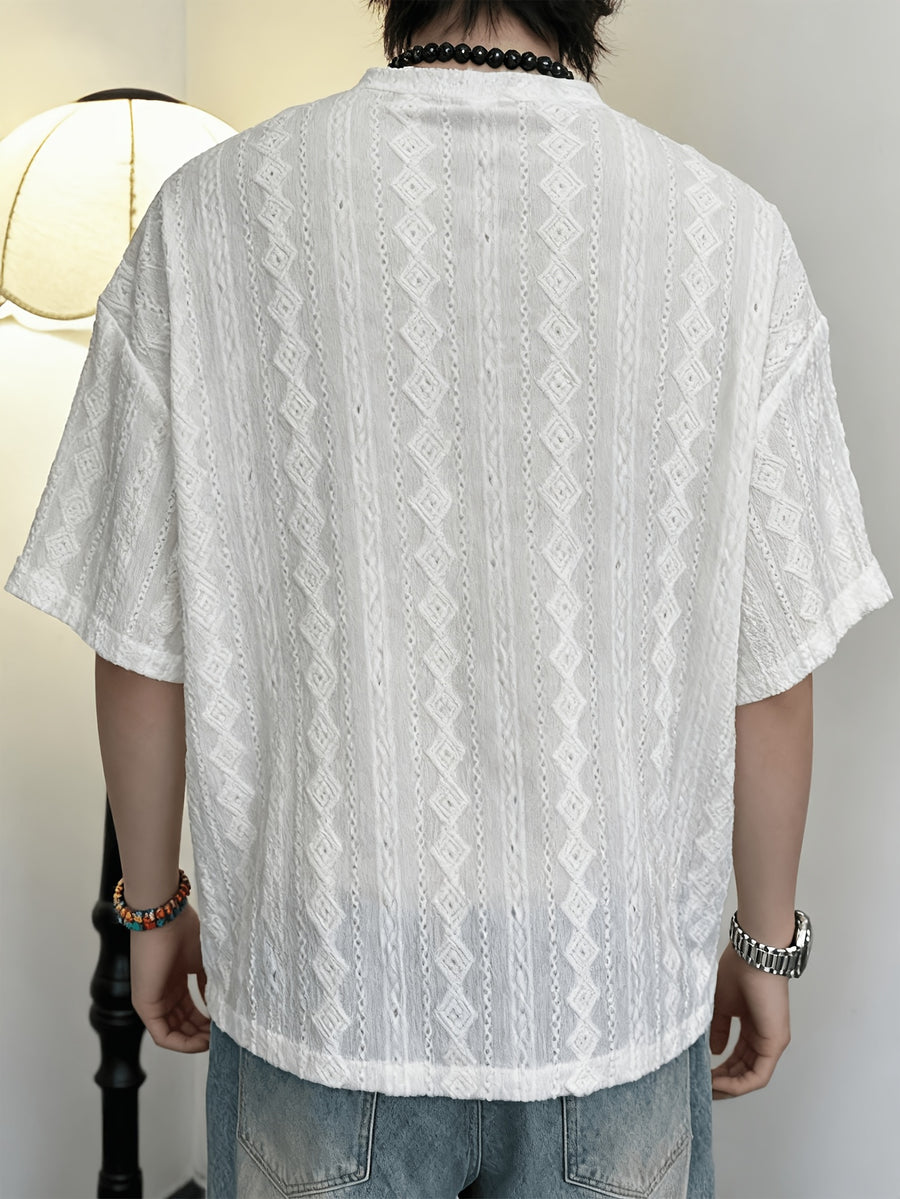 Old Money Style Hollow Jacquard Strap Design Short Sleeve Shirt Men'S Summer American Thin Breathable T-Shirt Bad Boy - White
