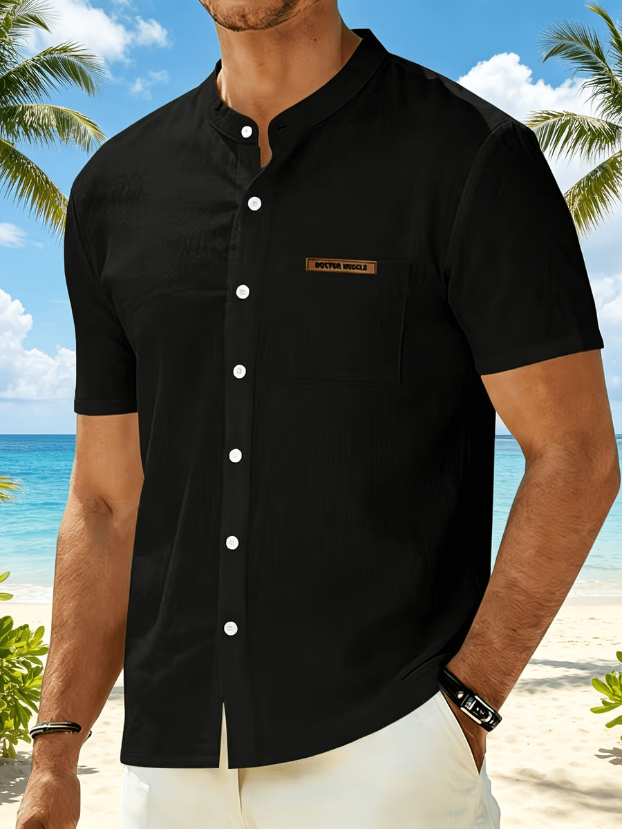 Men's Minimalist Vacation Style Stand Collar Linen Short Sleeve Shirt, 95% Linen 5% Polyester, Breathable with Label Pocket, Fashionable Beachside Pool Casual Shirt - Black