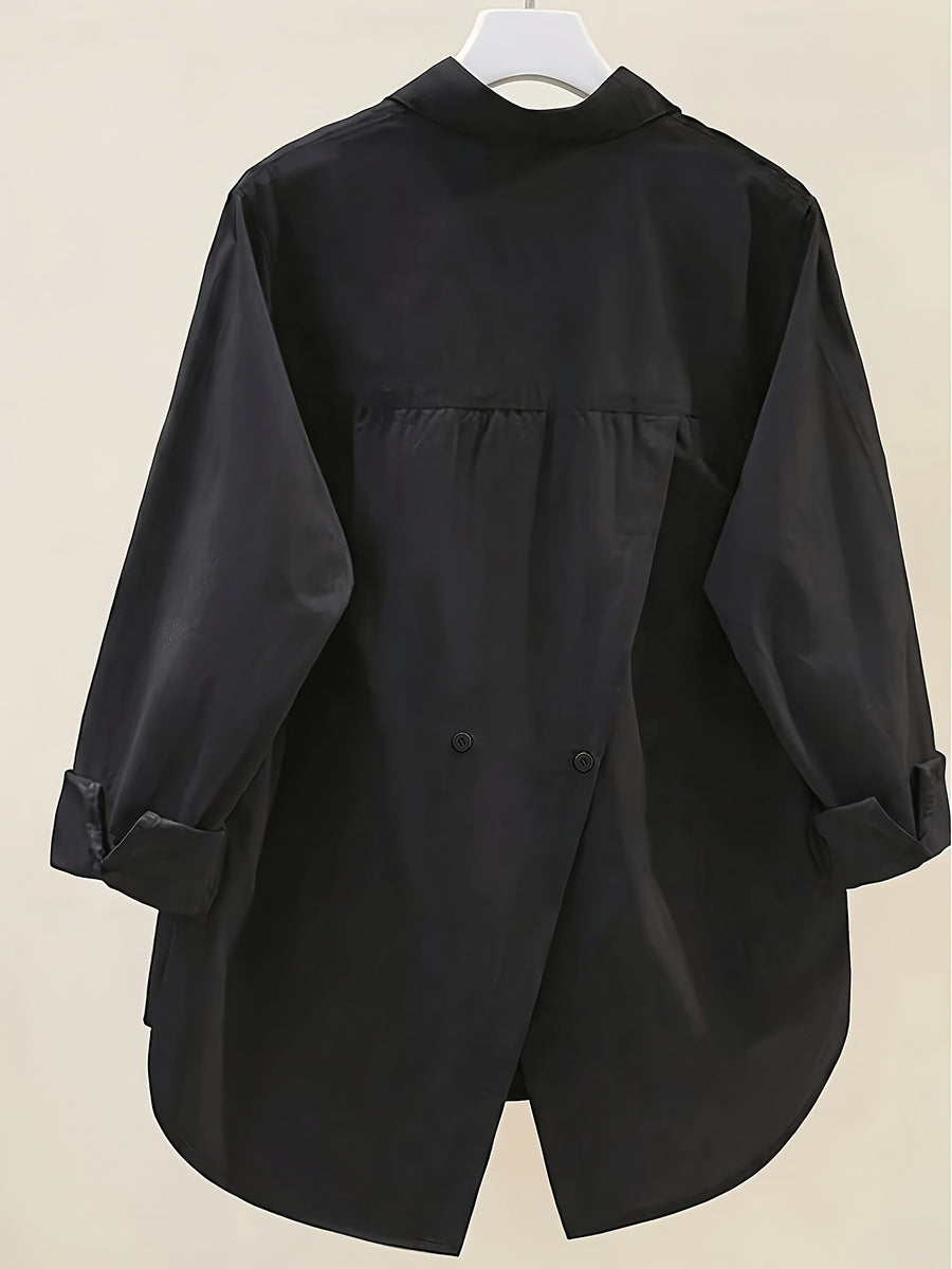 Elegant Women's Long-sleeve Shirt, Solid-color Fabric, Front Button Placket Design, with Slit, Suitable for Office and Daily Wear, Pink for Spring and Autumn - Black