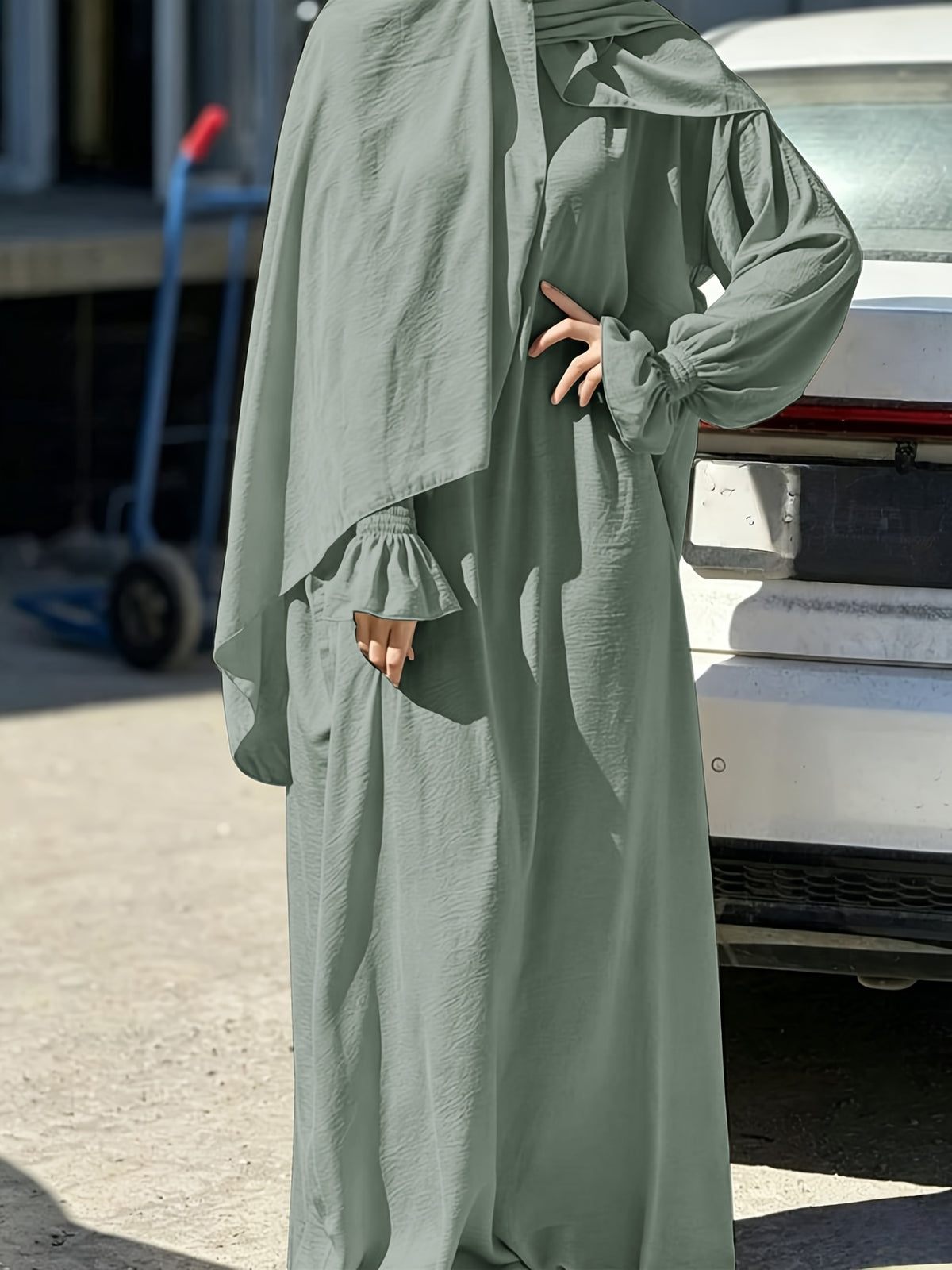 1pc Ice Wrinkled Fabric Scarf And Robe Abaya Khimar Loose Cuff Design Easy Fashion Suitable for Women'S Daily Wear And Prayer All Seasons - Dark Gray