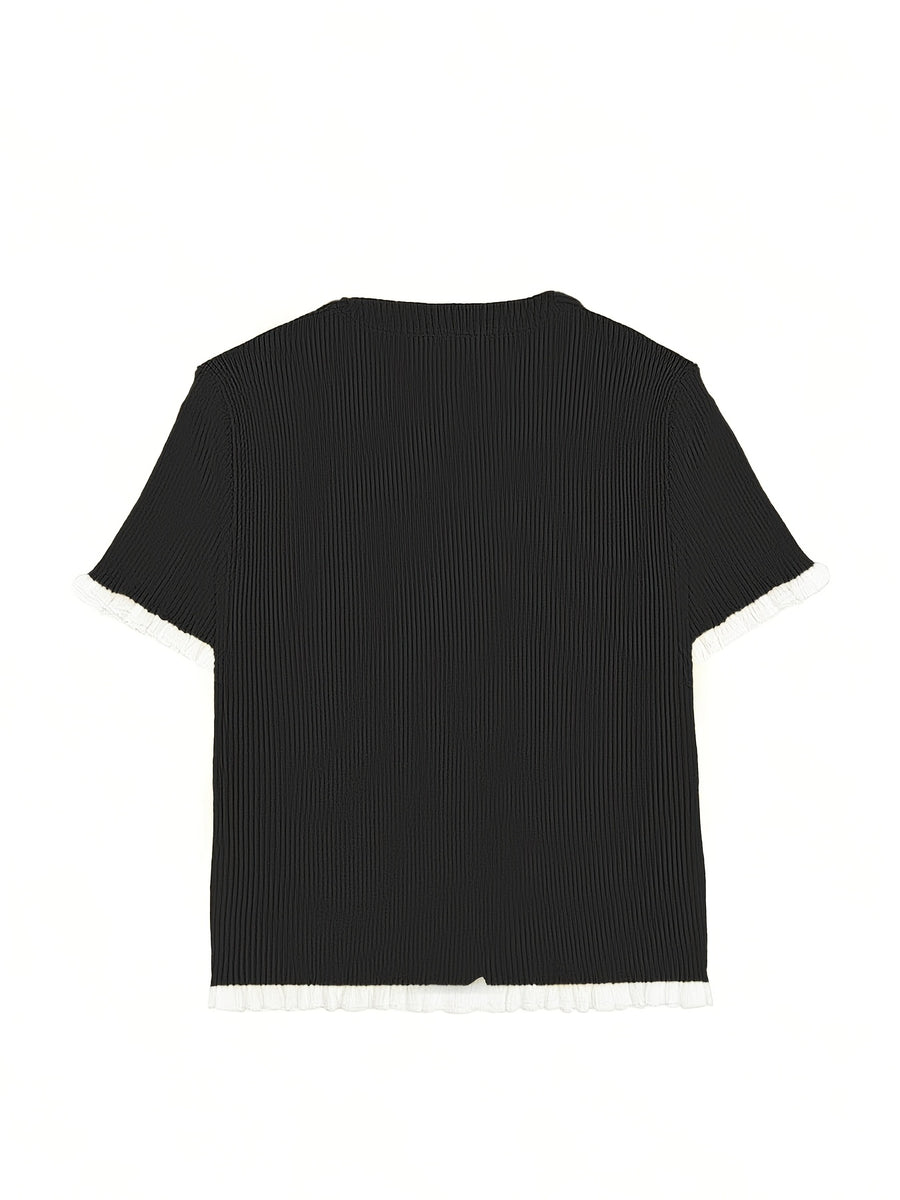 Women's Summer Button Ear Design Edge Design, Top, Elegant Casual Top Casual Short Sleeve, Suitable for Dating Daily Wear - Black