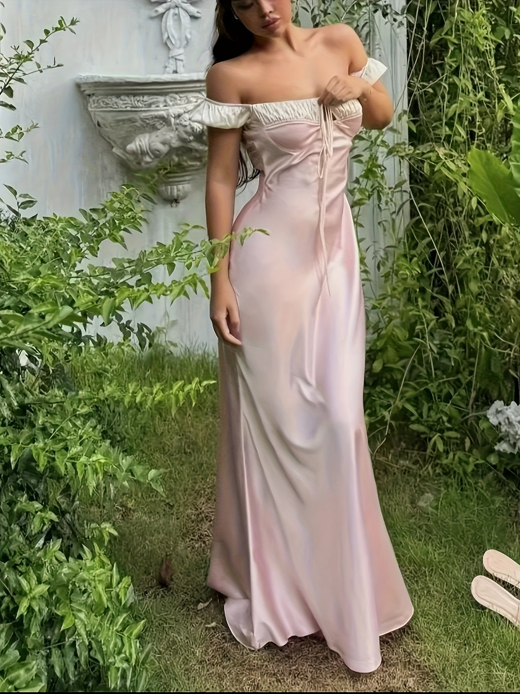 BK041504 Vintage Court-Style Pink Off-Shoulder Dress, Elegant Slim-Fit Long Gown for Birthday Banquets and Evening Events - Pink