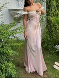 BK041504 Vintage Court-Style Pink Off-Shoulder Dress, Elegant Slim-Fit Long Gown for Birthday Banquets and Evening Events - Pink