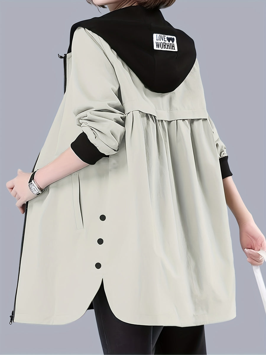 Spring and Autumn New Women's Casual Loose Coat, Exquisite Printed Color Contrasting Hoodie, Open Door Zipper Design, Elastic Ribbed Cuffs, Fashionable and Simple, Comfortable and Versatile Long Sleeve Women's Coat Suitable for Multiple Scenarios - Milky