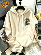 [Warner Bros] Licensed Men'S New Trendy Hoodie Sitting Drinking Milk Tea Rabbit Pattern Print Casual Hoodie, Daily Drawstring Loose Pullover Top, Machine Washable All-Match Sports Casual Men'S Top - Apricot