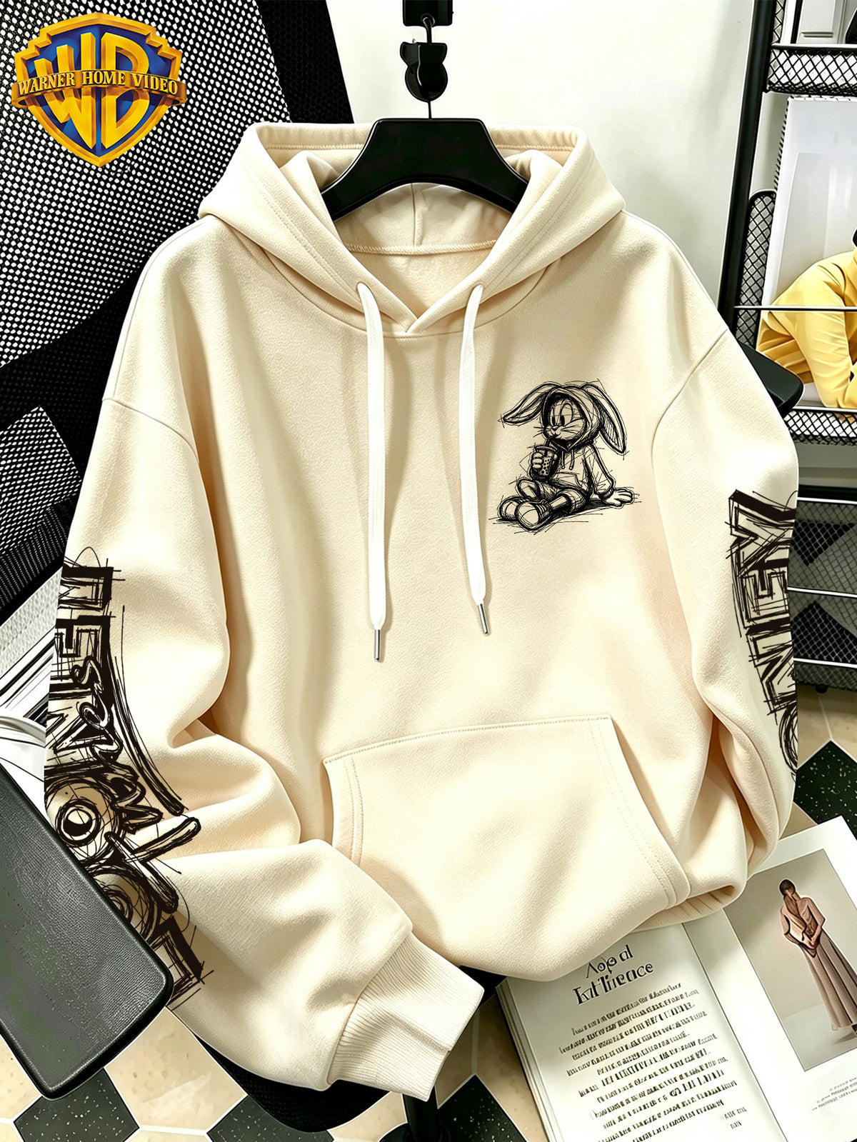 [Warner Bros] Licensed Men'S New Trendy Hoodie Sitting Drinking Milk Tea Rabbit Pattern Print Casual Hoodie, Daily Drawstring Loose Pullover Top, Machine Washable All-Match Sports Casual Men'S Top - Apricot