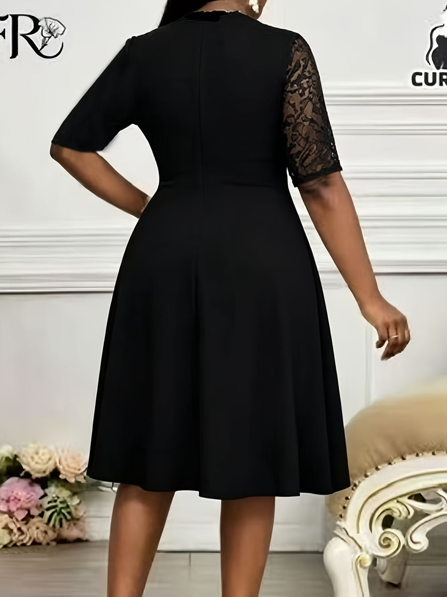 Women's Elegant Party Style Solid Color Lace Spliced Midi Dress, Easter Formal Dress, Women's Graduation Gown, Wedding Guest Attire, Women's Vacation Bohemian Cruise Outfit, Women's Formal Gown, Accessories Not Included - Black