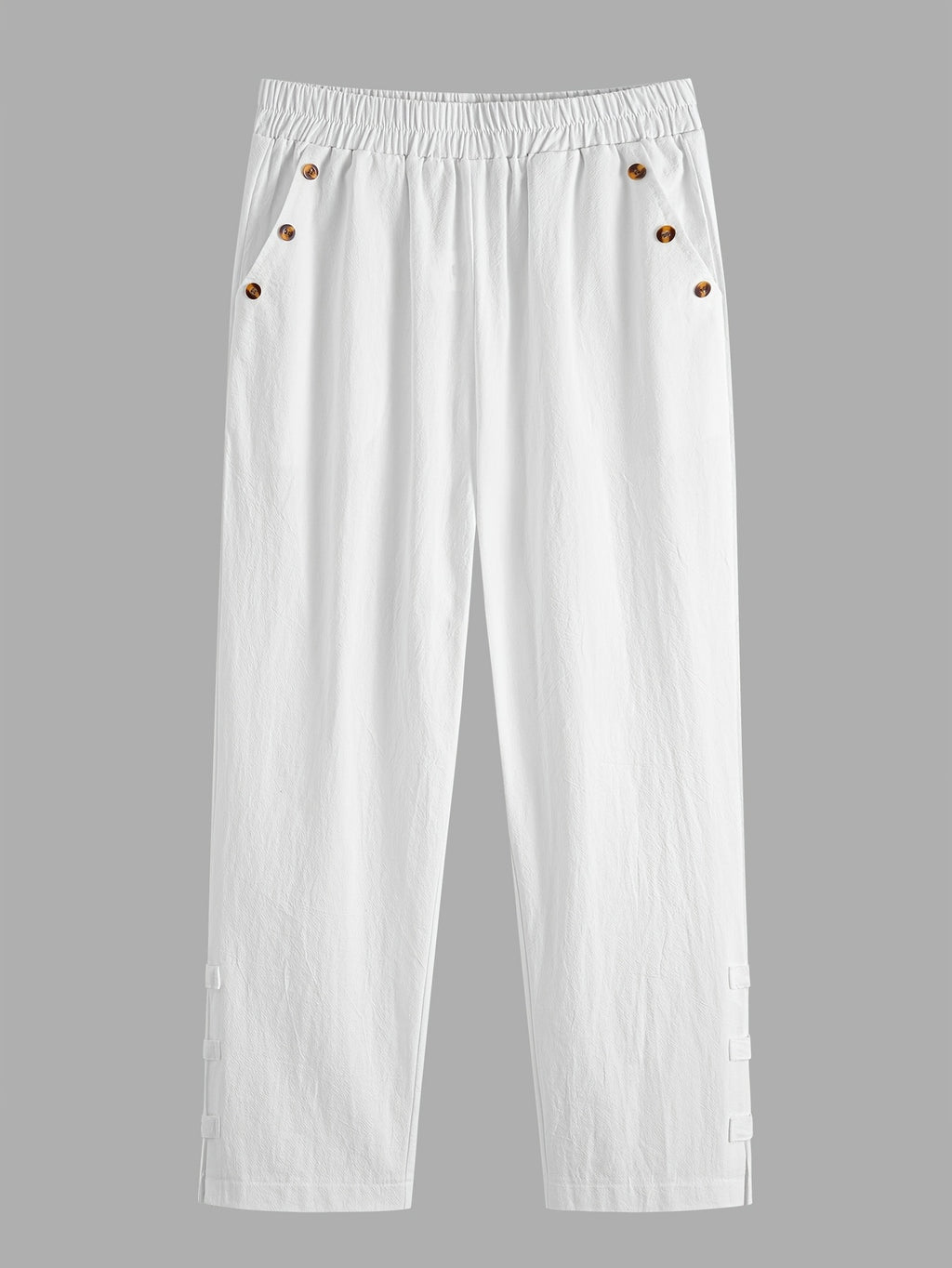 Loose Solid Color Elastic Waist Button-Front Ankle Pants - White