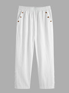 Loose Solid Color Elastic Waist Button-Front Ankle Pants - White