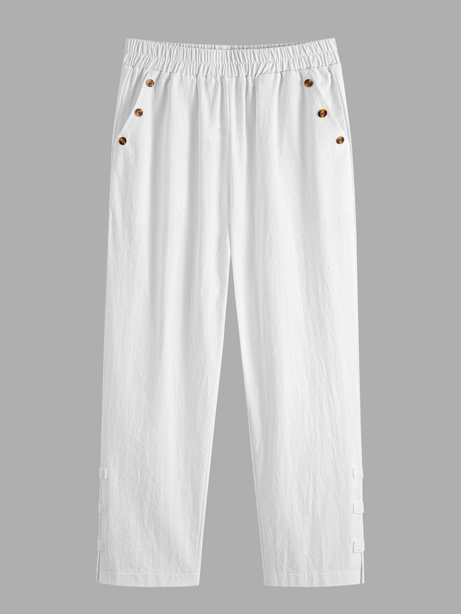 Loose Solid Color Elastic Waist Button-Front Ankle Pants - White