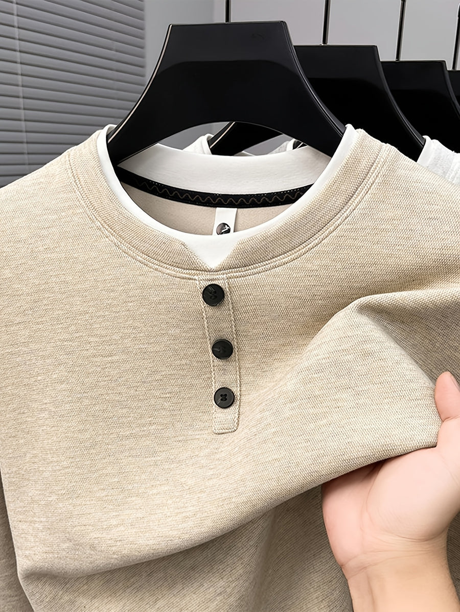 Men'S 3-Button Round Neck Faux Two-Piece Spring/Autumn Solid Color Sweatshirt, Regular Shoulder Long Sleeve Pullover, Spring/Autumn Season, Wearable As Single Piece Or Layering Piece - SINBOS - Beige Yellow