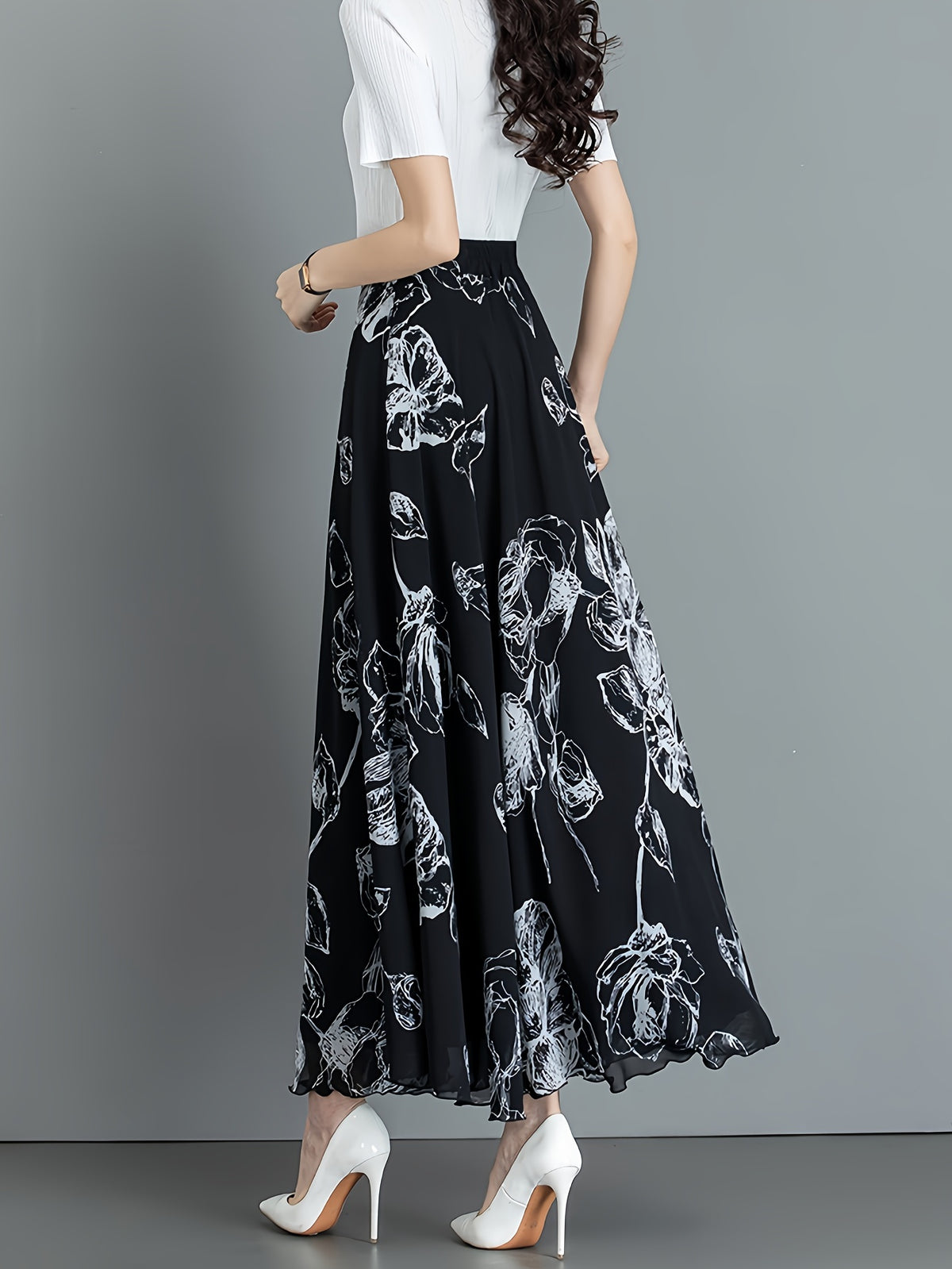 New Spring/Summer Women's Elegant Half-Length Skirt, Ladies' Commuter Maxi Skirt, Draped Casual Chic Apparel, High-Waist A-Line Temperament Long Skirt, Flared Skirt - Black