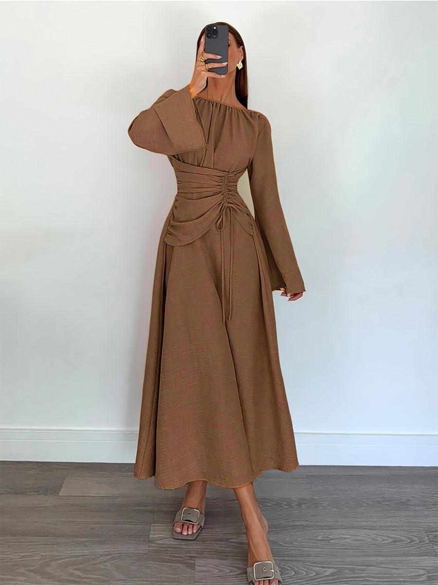 Elegant and Delicate Long Dress with One-shouldered Neckline, Flared Sleeves, Ruffled Waistband, A-line Skirt, Loose Elastic Waist Design - Perfect for Commuting, Daily Wear, Dating, or Vacation, Stylish And - Coffee Brown