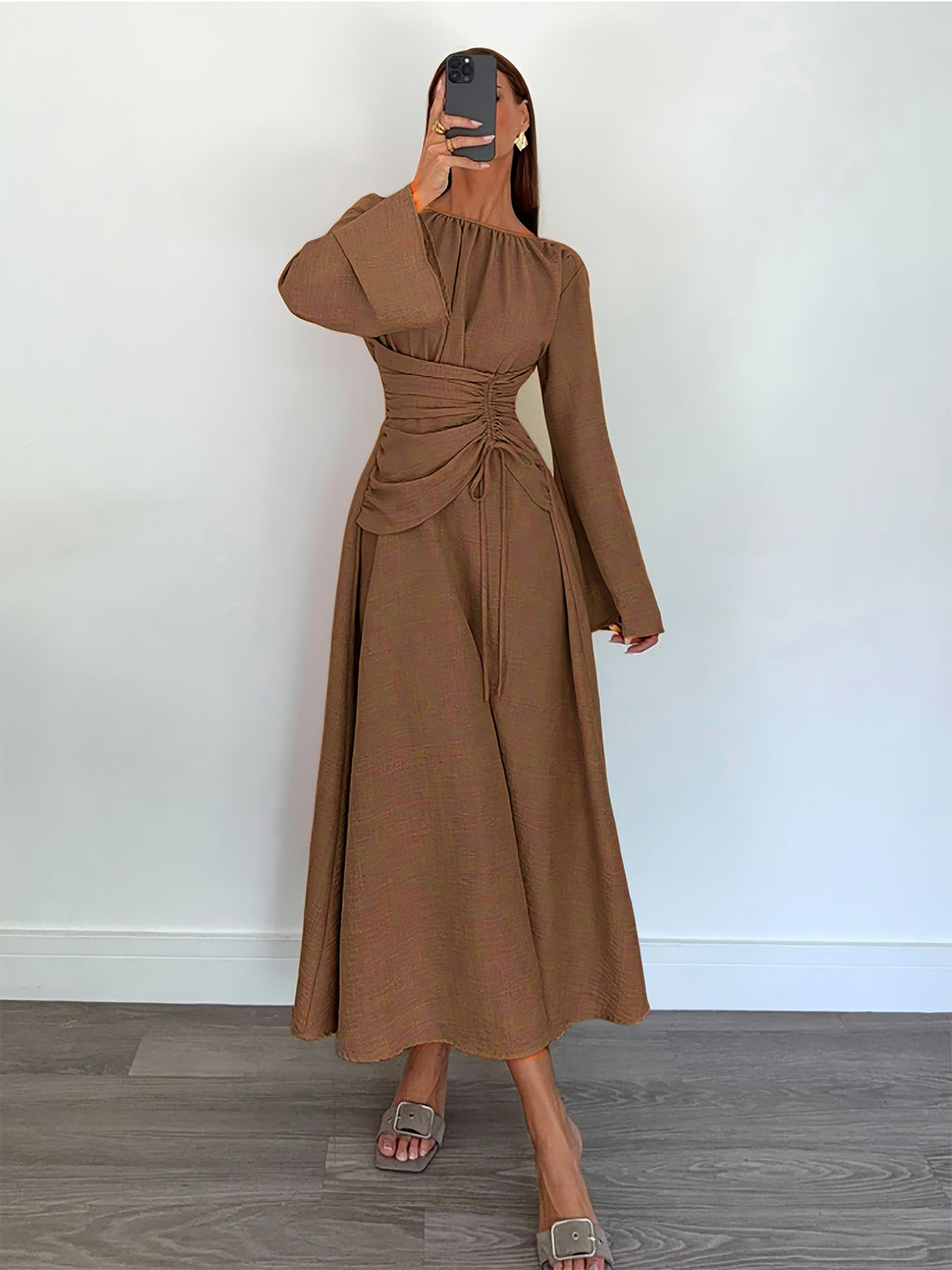 Elegant and Delicate Long Dress with One-shouldered Neckline, Flared Sleeves, Ruffled Waistband, A-line Skirt, Loose Elastic Waist Design - Perfect for Commuting, Daily Wear, Dating, or Vacation, Stylish And - Coffee Brown