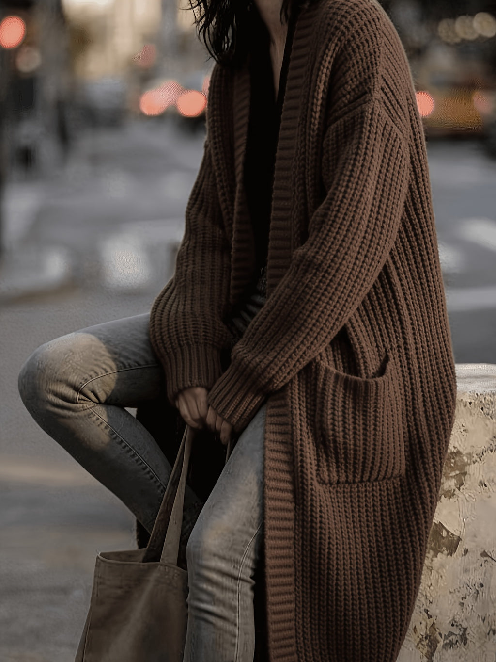 Women'S Solid Color Cardigan Sweater, Casual Long Sleeve Open Front Cardigan - Coffee Brown