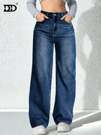 Women's New Stretchy Wide Leg Jeans, Loose Straight Jeans, Washed Vintage Blue Denim Trousers, Mid Waisted Tummy Control Pantalones, Comfortable Mom Pants with Pockets, Elegant Ladies' Outfit, Female Casual Pants Fit for Office, Work and Travel Wear. - Vintage Blue