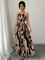 Elegant Fashion Printed Long Dress, Women'S Fashion Elegant Backless Strappy Bare Waist Twisted Asymmetrical Contrast Dress, Spring Summer Style - Mixed colors