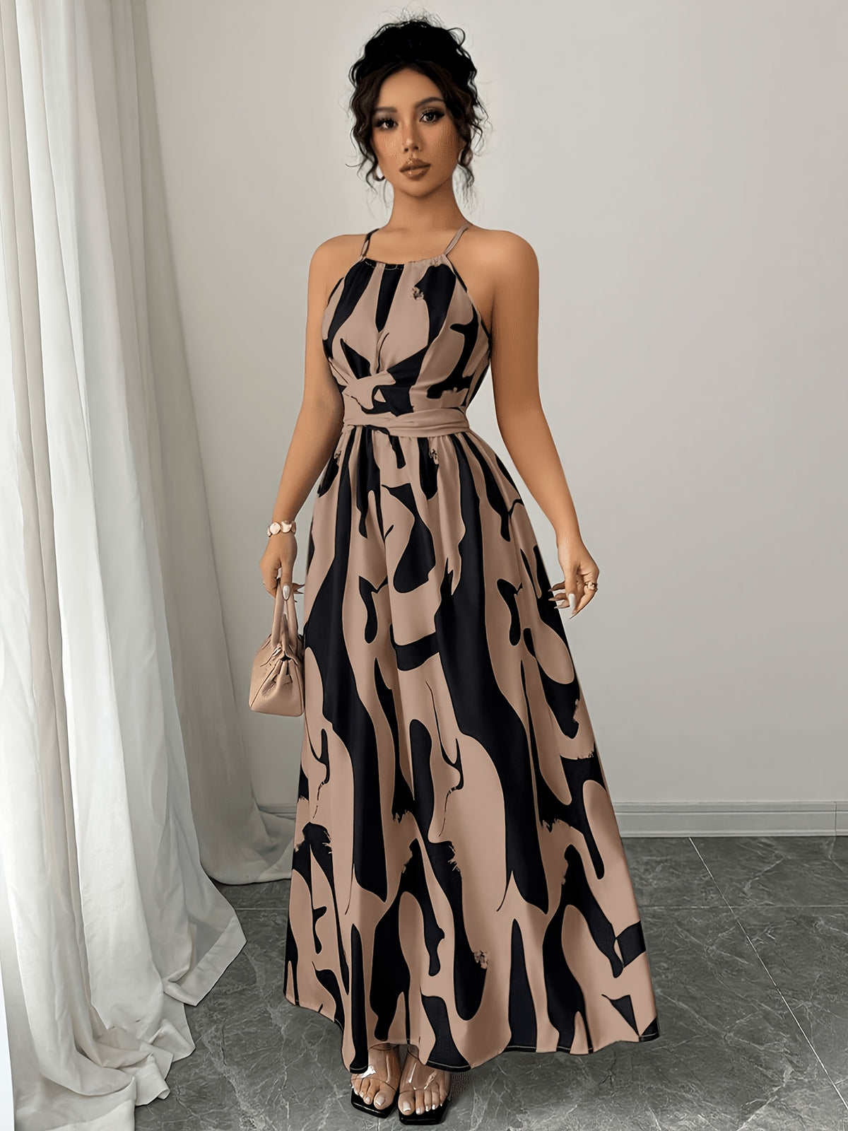 Elegant Fashion Printed Long Dress, Women'S Fashion Elegant Backless Strappy Bare Waist Twisted Asymmetrical Contrast Dress, Spring Summer Style - Mixed colors