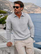 Men's Lapel Jacquard Knit Sweater for Spring, Autumn, and Winter, Casual Long-Sleeve Half-Open Front Zipper Fashionable Versatile Knit Outerwear Sweatshirt - Light Grey