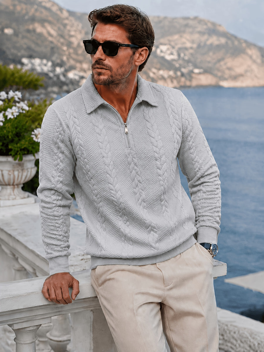 Men's Lapel Jacquard Knit Sweater for Spring, Autumn, and Winter, Casual Long-Sleeve Half-Open Front Zipper Fashionable Versatile Knit Outerwear Sweatshirt - Light Grey