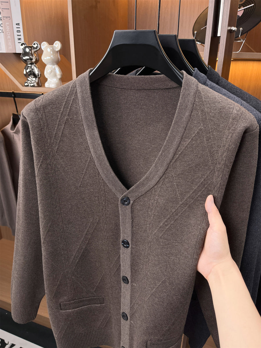 Autumn/Winter Knitted Solid Color V-Neck Sweater, Basic Knit Cardigan, Men's Fashion Long-Sleeve Knitwear, Set Y - Deep Camel