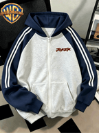 [Warner Bros. Official] Men's Raglan Sleeve Colorblock Zip-Up Hooded Sweatshirt, DC JOKER Maniacal Laugh "HAHAHA" Graphic Print, Autumn/Winter Loose Fit Color-Block Striped Sport Hoodie, Trendy Brand Fashion Casual Versatile Zip Pocket Hooded - Gray And Navy Blue