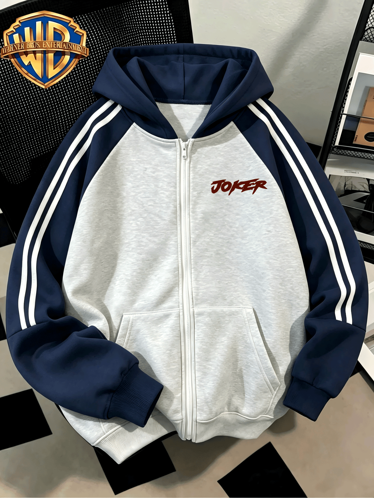 [Warner Bros. Official] Men's Raglan Sleeve Colorblock Zip-Up Hooded Sweatshirt, DC JOKER Maniacal Laugh "HAHAHA" Graphic Print, Autumn/Winter Loose Fit Color-Block Striped Sport Hoodie, Trendy Brand Fashion Casual Versatile Zip Pocket Hooded - Gray And Navy Blue