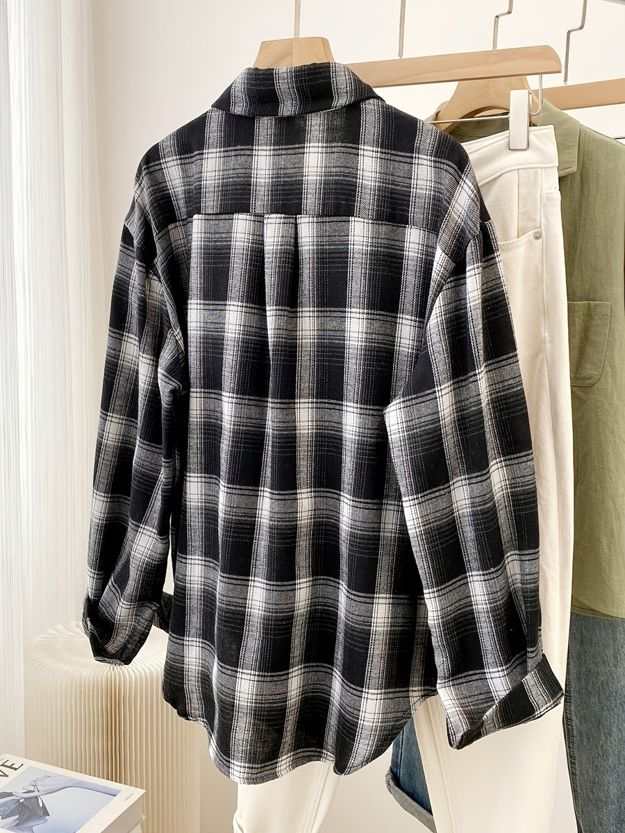 Women'S Shirt Multicolor Brushed Plaid Shirt Loose Top - Black