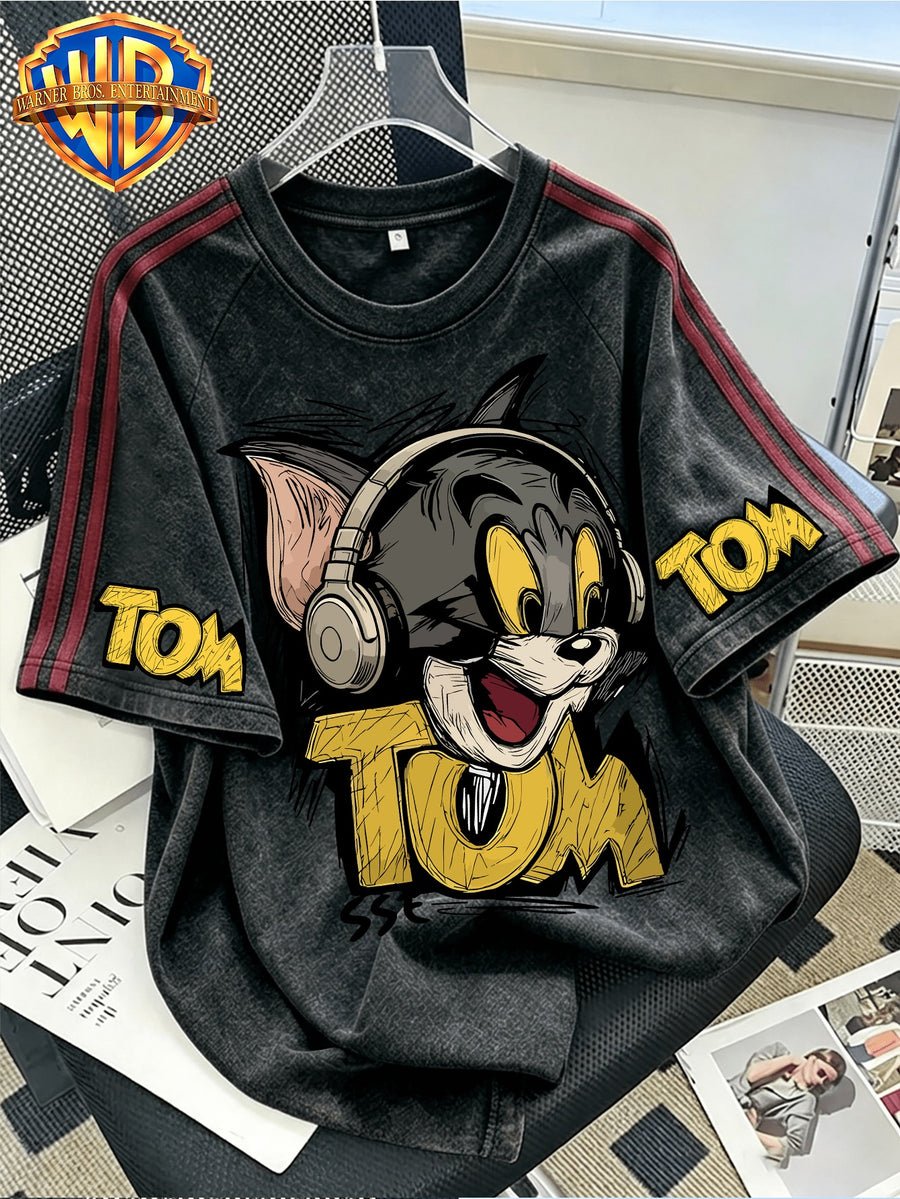 Officially Licensed by Warner Bros. - T-Shirt with a Fun Cartoon Graphic of a Character Wearing Headphones And Sleeves, Featuring a Distressed, Washed-Out Stripe Pattern; Suitable for Outdoor Wear And Sports Activities; Unisex Design - Black