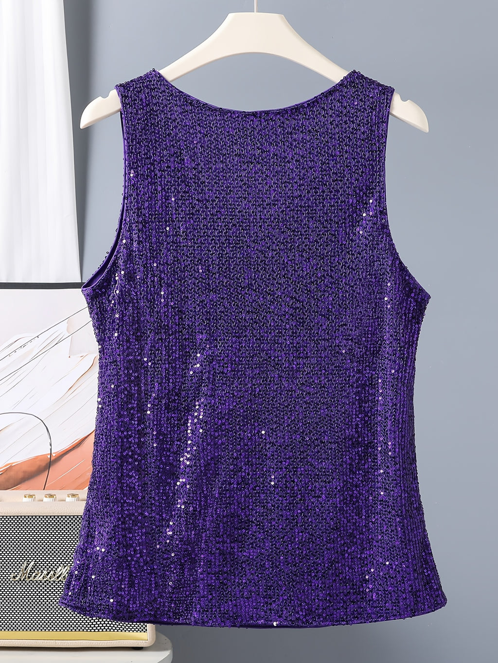 Sequin V-neck Vest, Elegant and Sexy Sleeveless Top, Suitable for Summer and Spring, Women's Clothing - Deep Purple