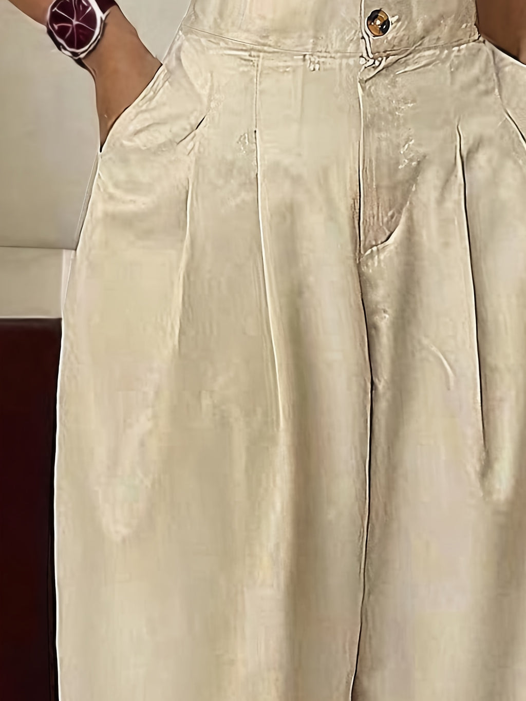 Casual Daily Street Fashion Solid High-Waist Slant Pocket Ruched Trousers - Easy Style, Suitable for Commuting/Work/Office/Casual Multi-Occasion Wear - Apricot