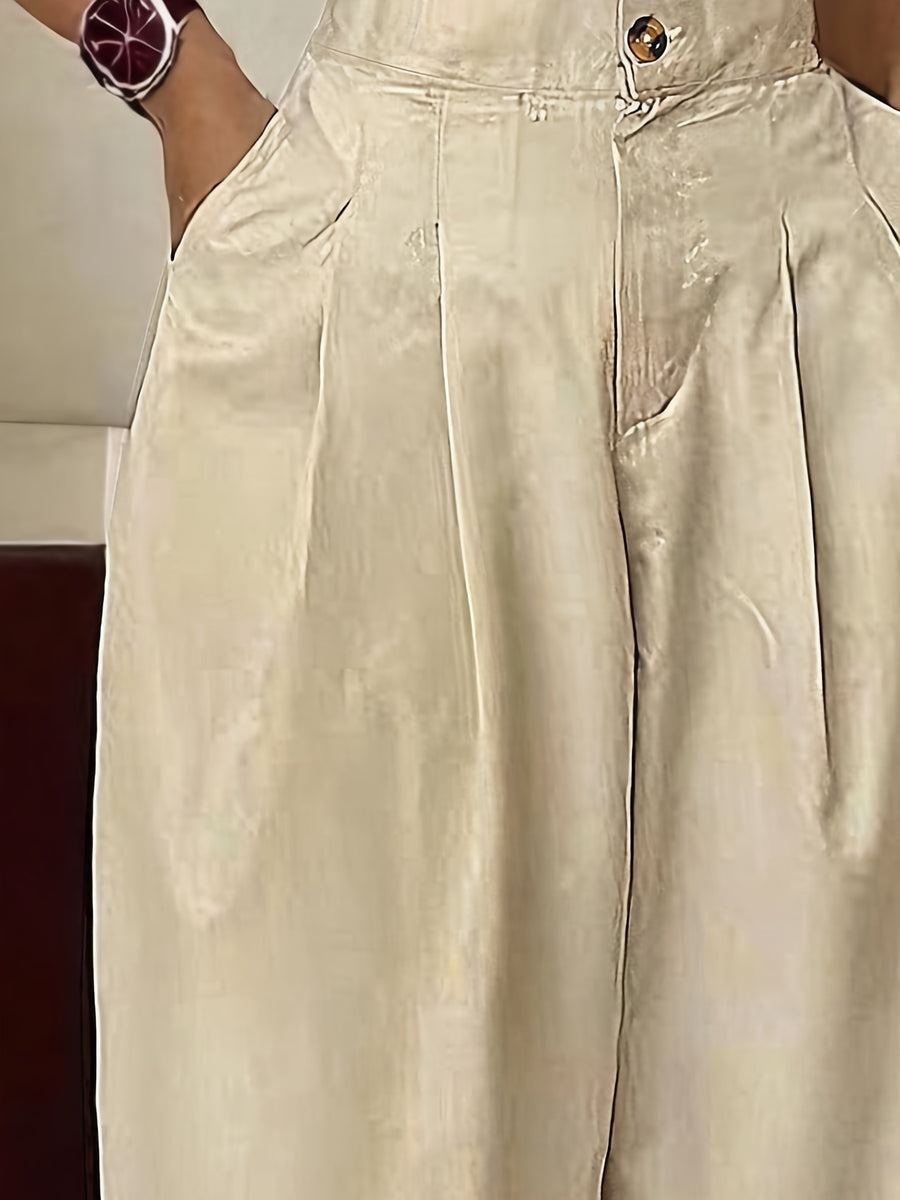 Casual Daily Street Fashion Solid High-Waist Slant Pocket Ruched Trousers - Easy Style, Suitable for Commuting/Work/Office/Casual Multi-Occasion Wear - Apricot