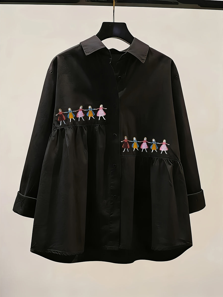 Women's Loose-Fit Long-Sleeve White Shirt with Cartoon Print, New Spring/Autumn Artistic Style Versatile Commuting Top - Black