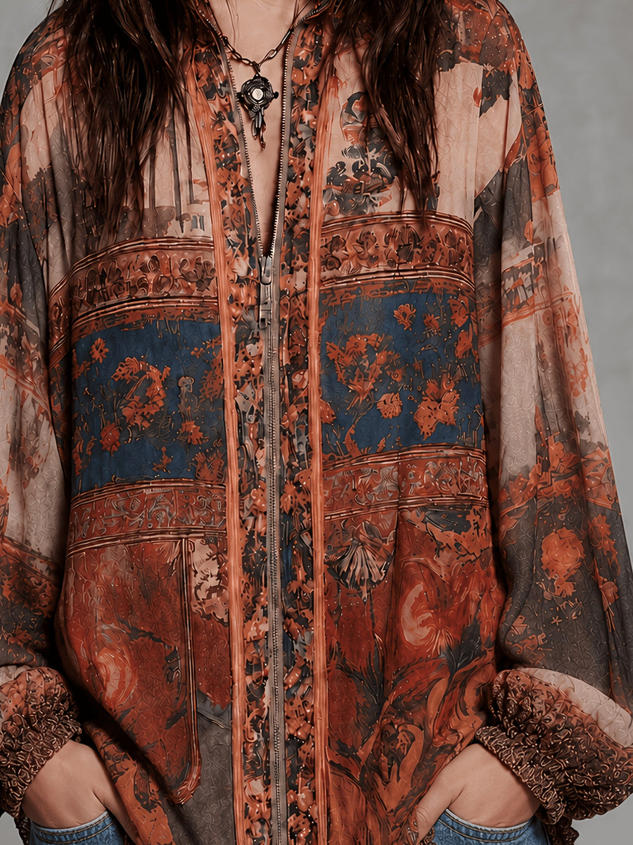 Boho Floral Zip-Up Cardigan Women Long Sleeve Chiffon Shirt Fall Winter Lantern Sleeve Loose Beach Cover Up - Mixed colors