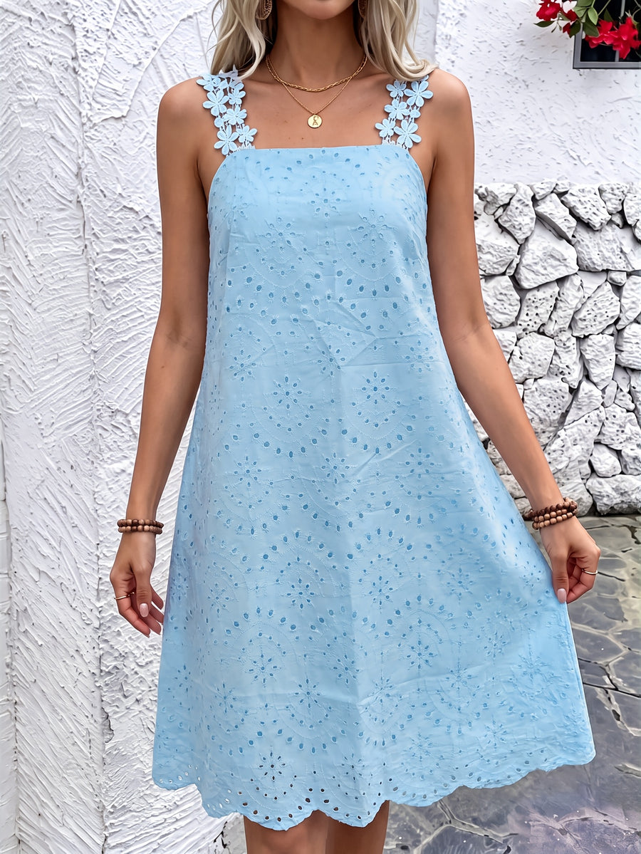 French Hollow Embroidery Square-Neck Sleeveless Dress, with Lace Shoulder Strap Design, Loose A-Line Vacation Midi Dress, Niannian Women'S Wear - Blue