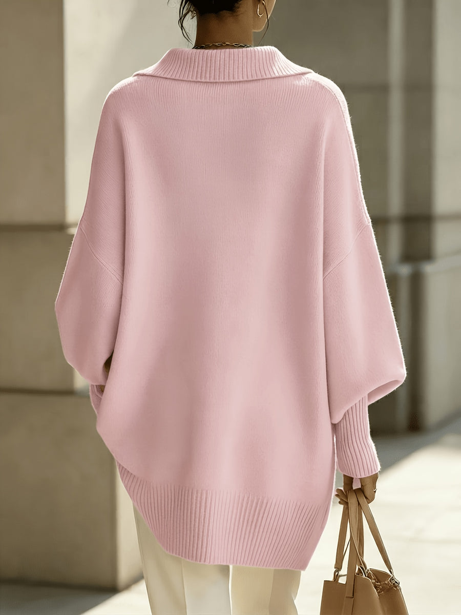 New Autumn/Winter French-Style Elegant Pullover, Polo Collar with V-Neckline, Batwing Sleeves and Drop Shoulder Design, Elegant, Comfortable, and Skin-Friendly, Women's Autumn/Winter Clothing, New Autumn Women's Style, Stylish Sweater, Popular Korean - Pink Color