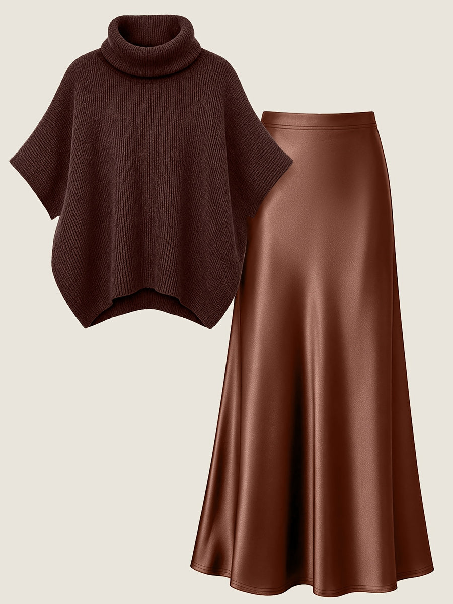 Autumn Winter Fashion Lazy Style Turtleneck Cloak Sweater And Premium Satin Fishtail Half Skirt, Temperament Elegant Commute Two-Piece Set - Coffee Color
