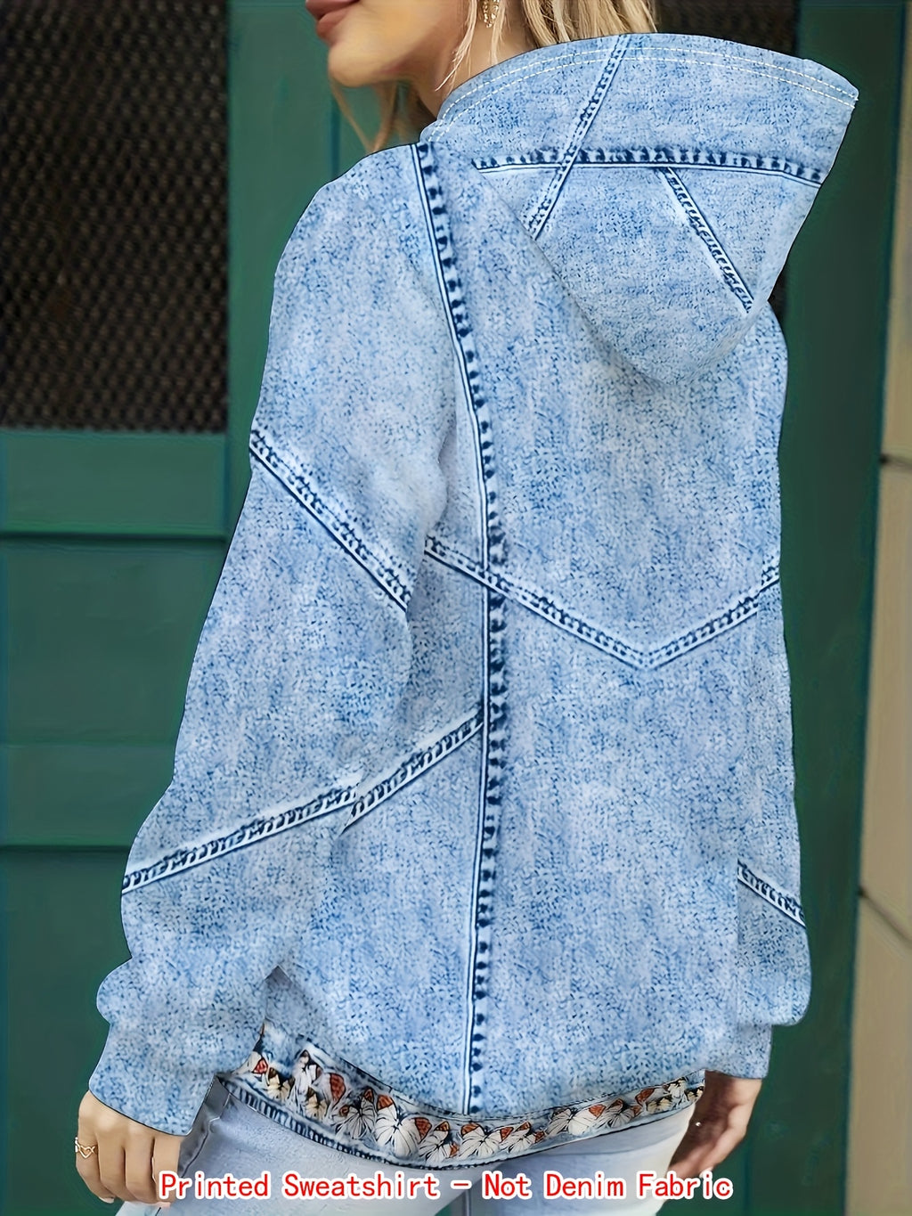 Denim Printed Hooded Sweatshirt - Blue