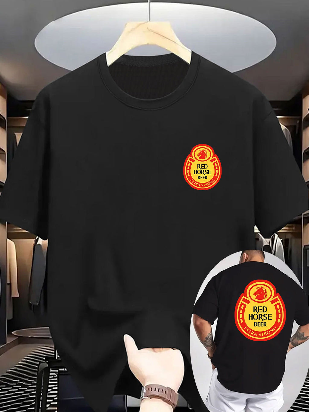 New Summer Men'S Casual T-Shirt with Ribbed Round Neck And Short Sleeves, Made from Knitted Fabric, Refreshing And Comfortable, Featuring Double-Sided Printing with a Red Horse Beer Design, Perfect for Outdoor Activities - Black