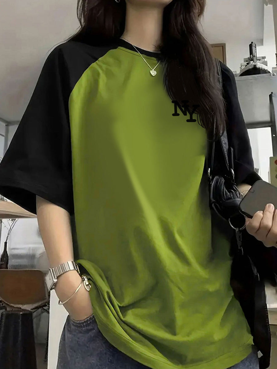 Women'S Color-Block Raglan Sleeve NY Letter Print Pullover Short-Sleeved T-Shirt Summer Design Sense Fashionable Foreign Style Loose Top - Green