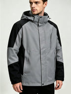 Men's Sport Hooded Jacket, Black Color-Block Windbreaker, Adult Printed Top with Detachable Hood - Grey