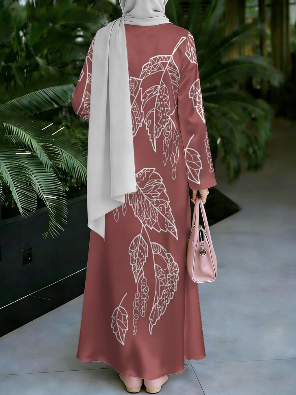 Women'S Hot Middle Eastern Style Muslim Elegant Robe, Brick Red White Line Leaf Print Long Dress, Loose Long Sleeve Flared Skirt, Social Prayer Family Gathering, Soft Texture Non-Embroidered Craft - Mixed colors