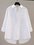 Elegant Women's Long-sleeve Shirt, Solid-color Fabric, Front Button Placket Design, with Slit, Suitable for Office and Daily Wear, Pink for Spring and Autumn - White