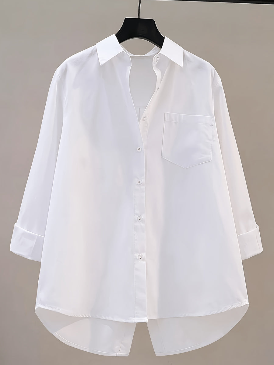 Elegant Women's Long-sleeve Shirt, Solid-color Fabric, Front Button Placket Design, with Slit, Suitable for Office and Daily Wear, Pink for Spring and Autumn - White