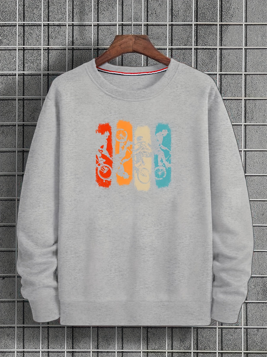 Fashion Retro Cycling Enthusiast Pattern Print, Round Neck Casual Sweatshirt, Suitable for Outdoor Activities, Loose Comfortable And Versatile, Ideal for Autumn And Winter - Light Grey