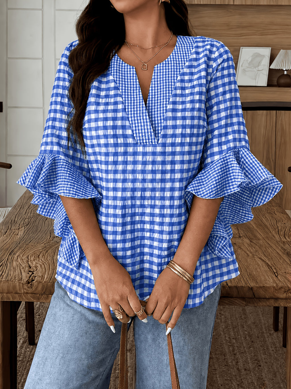 Women's Colorful Plaid Flared Sleeve Shirt for Spring, Summer, and Autumn, Casual Checkered Patchwork Shirt with Large and Small Plaid Patterns, Plaid Shirt for Vacation, Leisure, and Work Commutes - Royal Blue