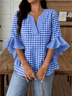 Women's Colorful Plaid Flared Sleeve Shirt for Spring, Summer, and Autumn, Casual Checkered Patchwork Shirt with Large and Small Plaid Patterns, Plaid Shirt for Vacation, Leisure, and Work Commutes - Royal Blue
