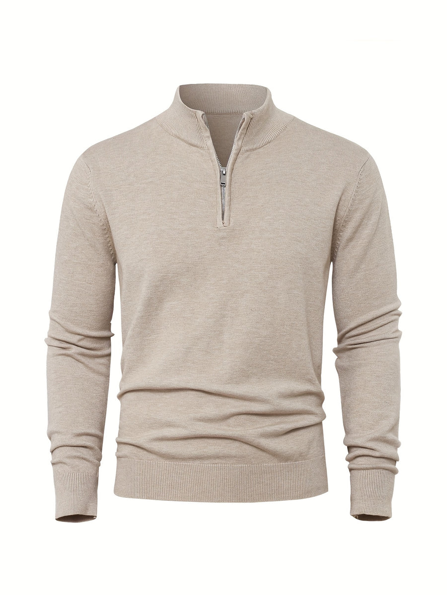 2025 New Men's Casual Solid Color Knit Zip-Front Sweater - Thickened Warm Top - Fashionable Minimalist Style with Medium Stretch for Daily Comfort, Men's Essential Cold-Weather Item, High-Quality Autumn/Winter Fashionable and Mature Pullover - Khaki