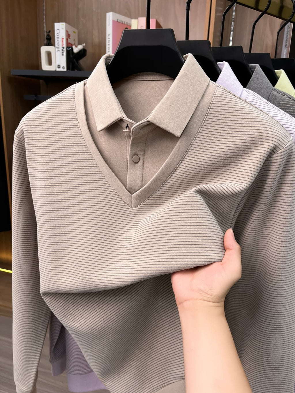 Men's Shirt Collar Fake 2pcs Knitted Top, Thick Warm Long Sleeve Base Shirt, Casual Pullover Polo for Golf, Fishing, Tennis, Winter Daily Wear for Middle-aged Dad - Almond Color