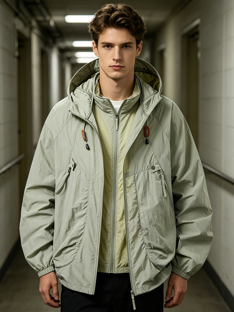 Men'S Spring Autumn Hooded Solid Pocket Jacket Sunscreen Top, Suitable for Outdoor Running Sports Commuting - 2390-Cinnamon Green
